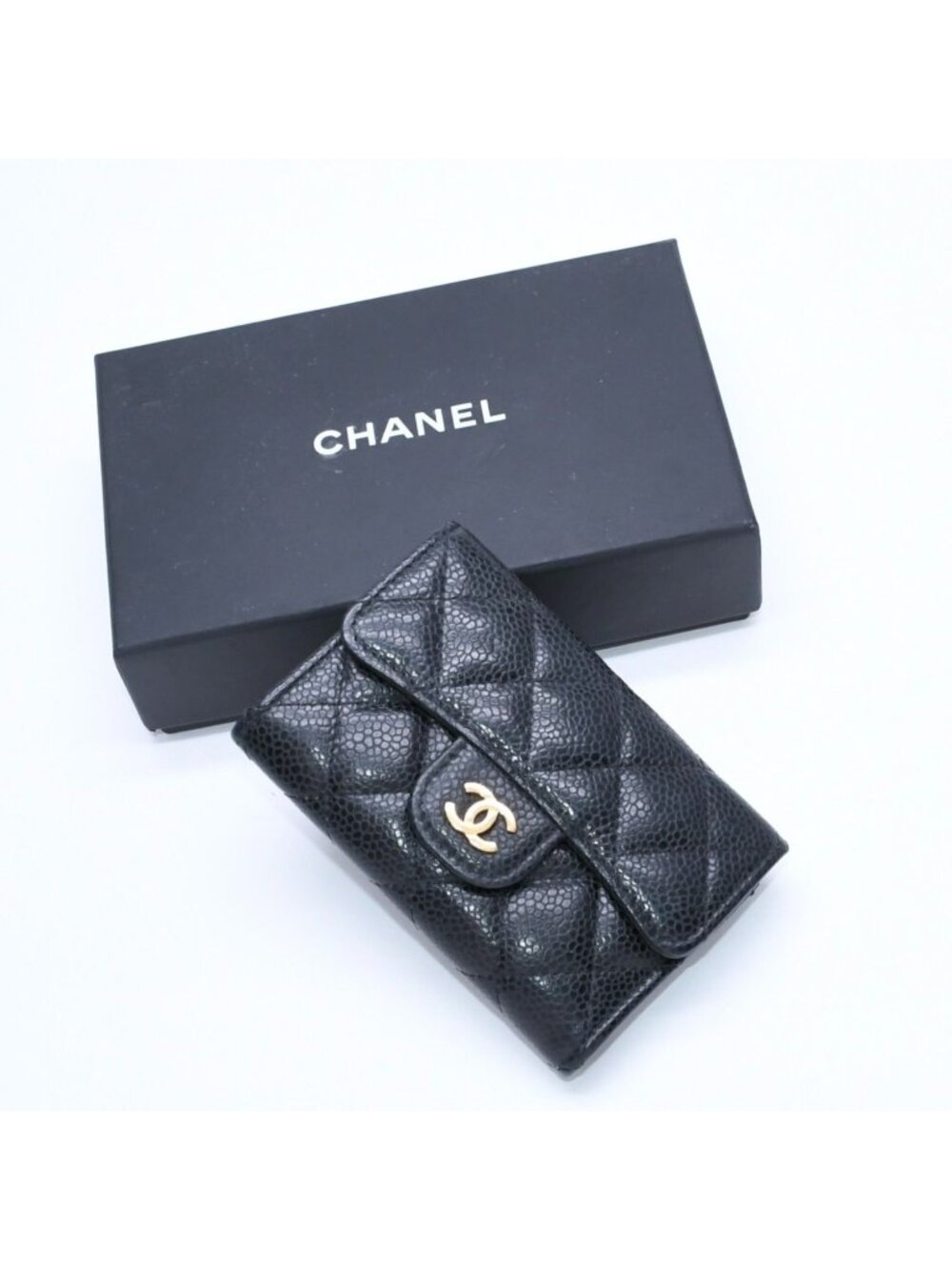 Chanel Quilted CC Logo Card Case Wallet Lambskin Black Gold